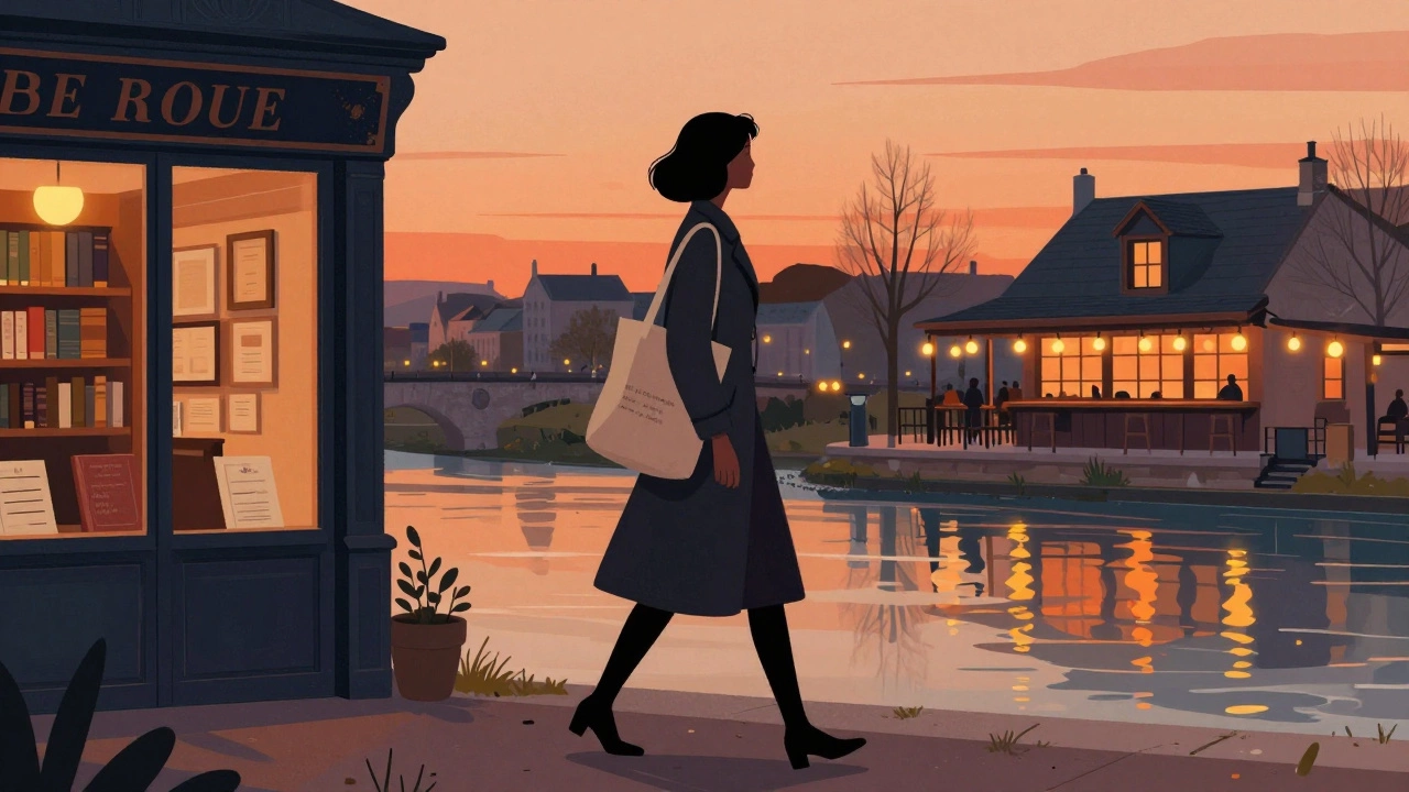 A graceful companion walks along the River Languedoc at sunset, exuding quiet confidence and independence.