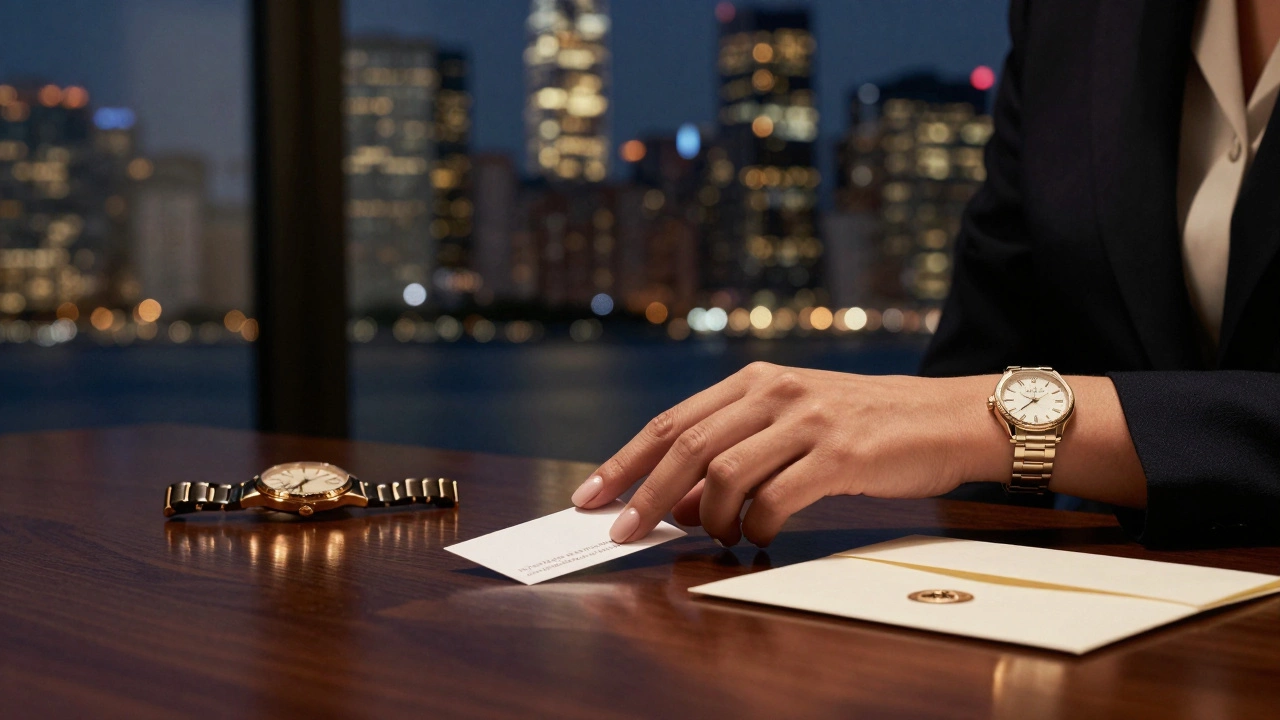 A woman&#039;s hand placing a business card on a luxury desk, conveying discretion and professionalism.