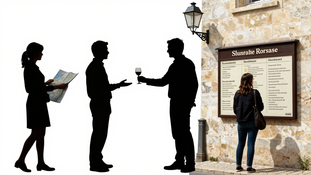 Three abstract silhouettes merge under a streetlamp, representing choices between connection and risk in Montpellier.