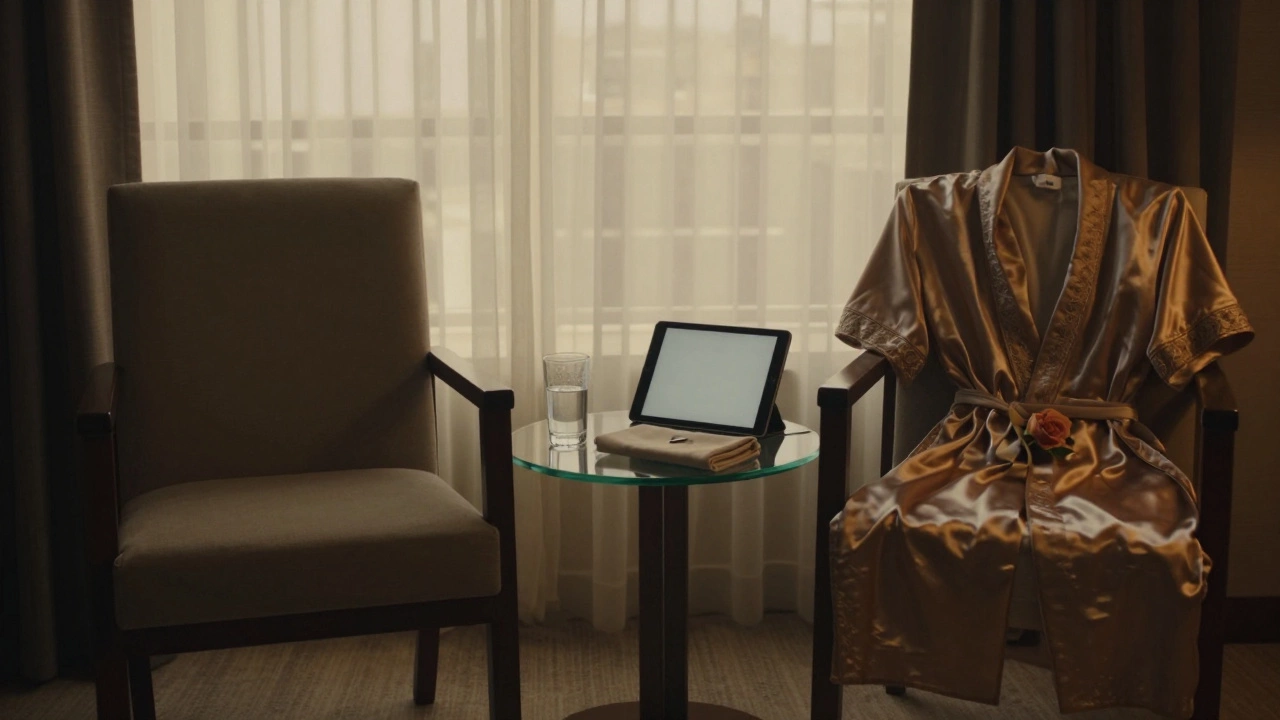 Two empty chairs in a serene hotel suite, suggesting a meaningful, wordless connection.